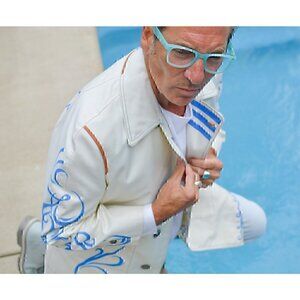 Vintage creme twill trench coat,  hand painted blue sun water star images